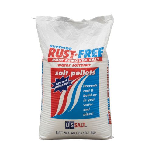 A white plastic bag of US Salt's "Rust-Free" water softener salt pellets