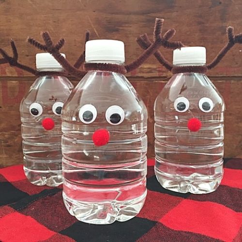 reindeer water bottles finished on red plaid napkin