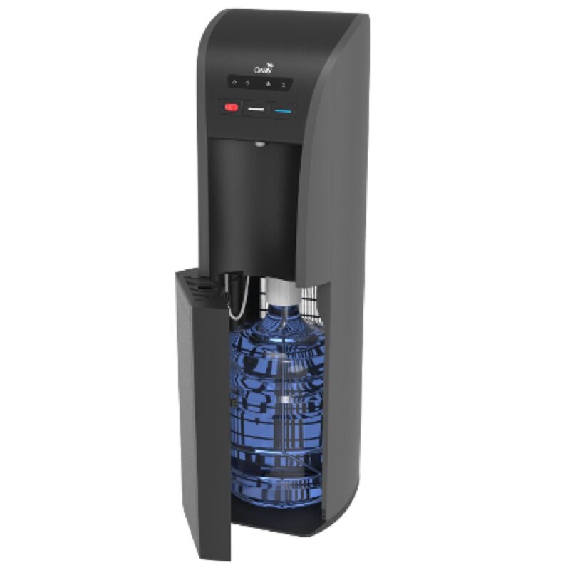 bottom loading water cooler with door open and 5 gallon water bottle
