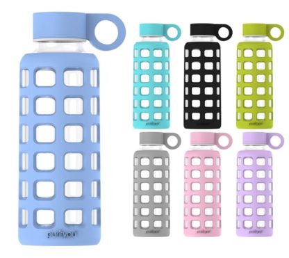 silicone covered reusable glass water bottle