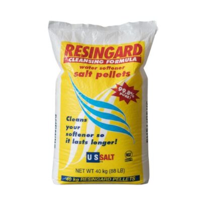 A close-up of a white plastic bag of Resingard water softener salt pellets with a yellow label that reads Resingard Cleansing Formula and 99.8 Pure!