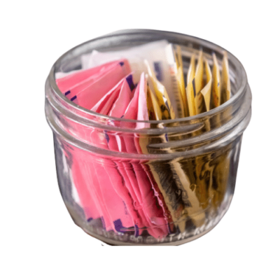 Non-Sugar Sweetener packets in a small jar