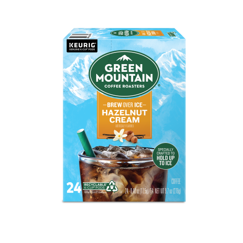 green mountain hazelnut cream kcups brew over ice box of 24