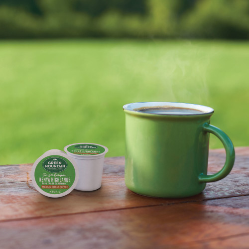 Green Mountain Kenya Highlands Kcups with a green mug