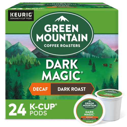 dark magic decaf kcup coffee pods box of 24 close up