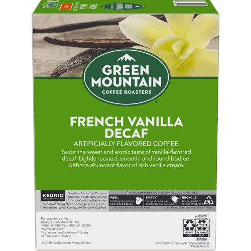 Green Mountain french vanilla decaf kcups box side