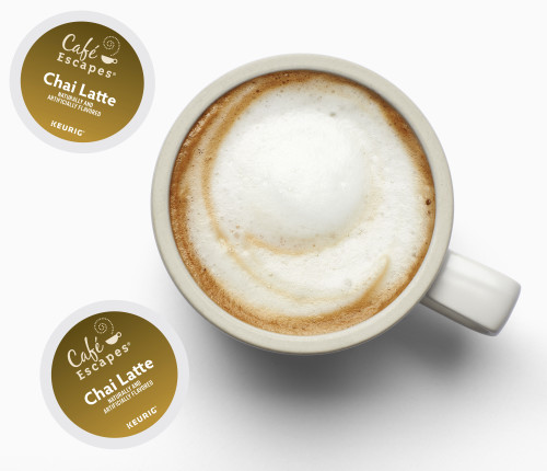 cafe escapes chai latte kcups made in white mug