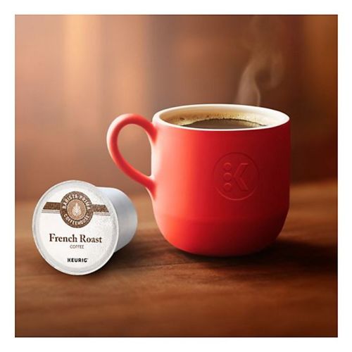 barista prima coffee house french roast kcup with steaming full mug of coffee