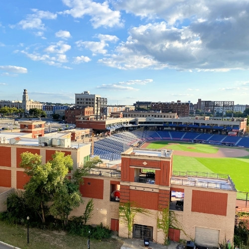 aerial view of canal park baseball stadium in akron, oh