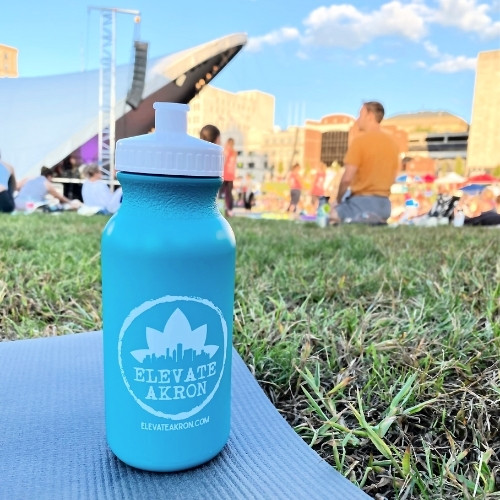 reusable water bottle at yoga festival at lock 3 in akron, oh