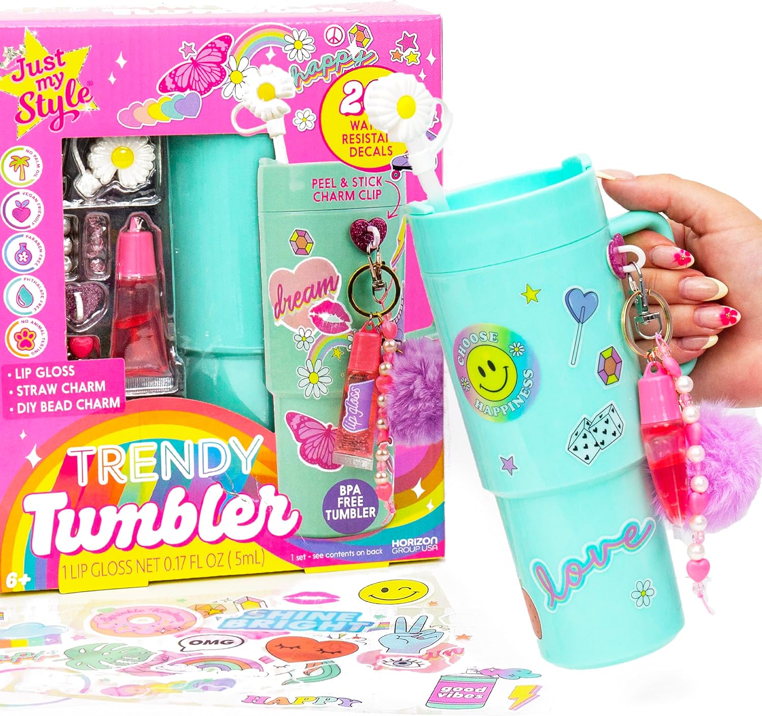 Customizable mint green tumbler with stickers, charms, and lip gloss kit.