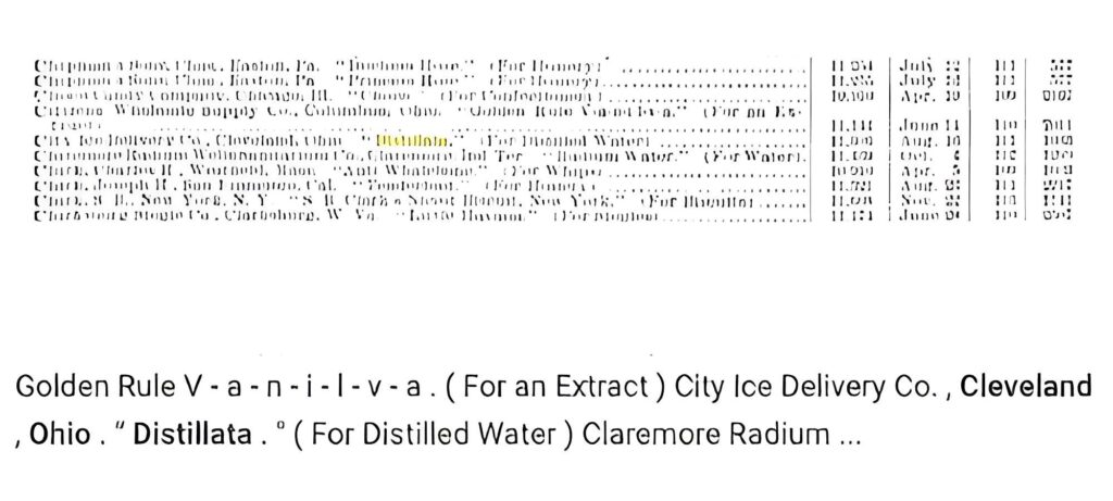 City Ice application for a patent on the word Distillata