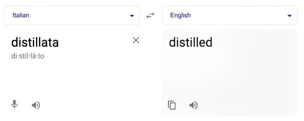 screen shot of Google translating the name Distillata from Italian to English