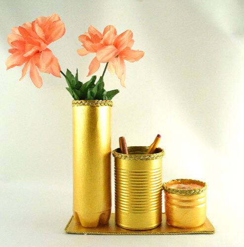 plastic bottle and cans painted gold upcycled to pencil holders