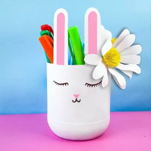 white bunny pencil holder made from a water bottle