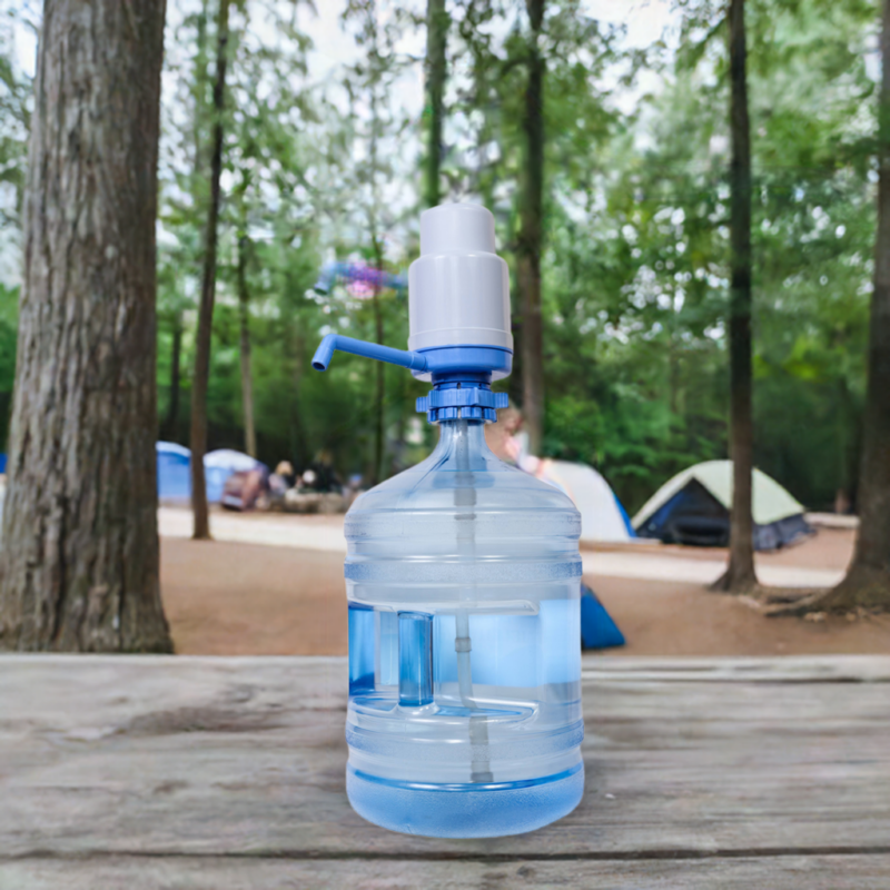 Water bottle with pump at a campsite.