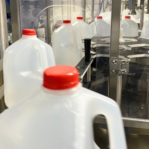 One-gallon plastic jugs with red caps move along a conveyor belt in a factory.