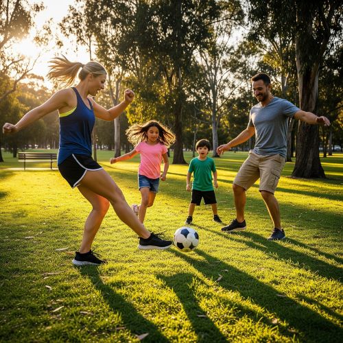 A family plays soccer in a park on a sunny day.